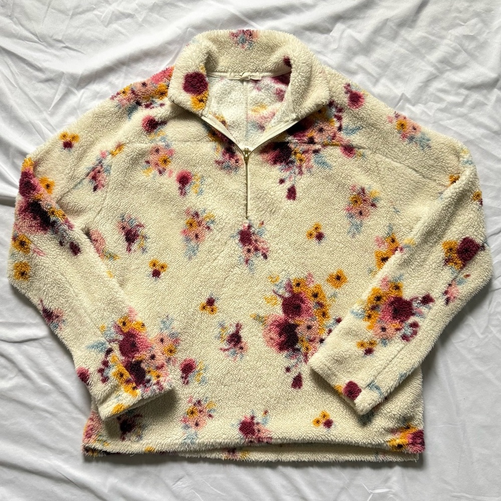 Floral Sherpa Half Zip Pullover Fleece Cream Cozy Teddy Jacket Women’s Small